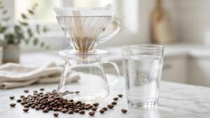 A clear glass of water beside a pour-over brewer and coffee beans