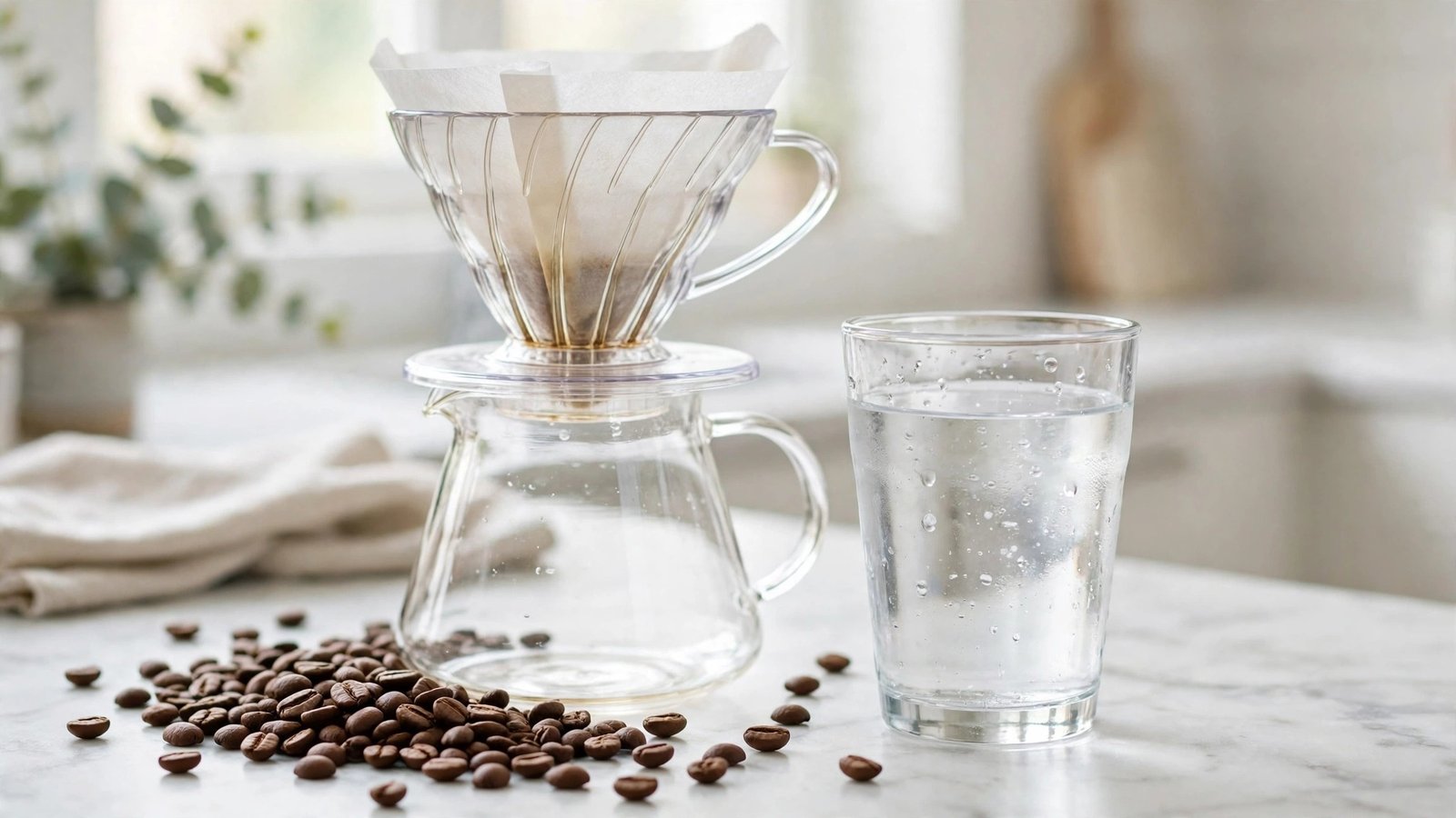 A clear glass of water beside a pour-over brewer and coffee beans