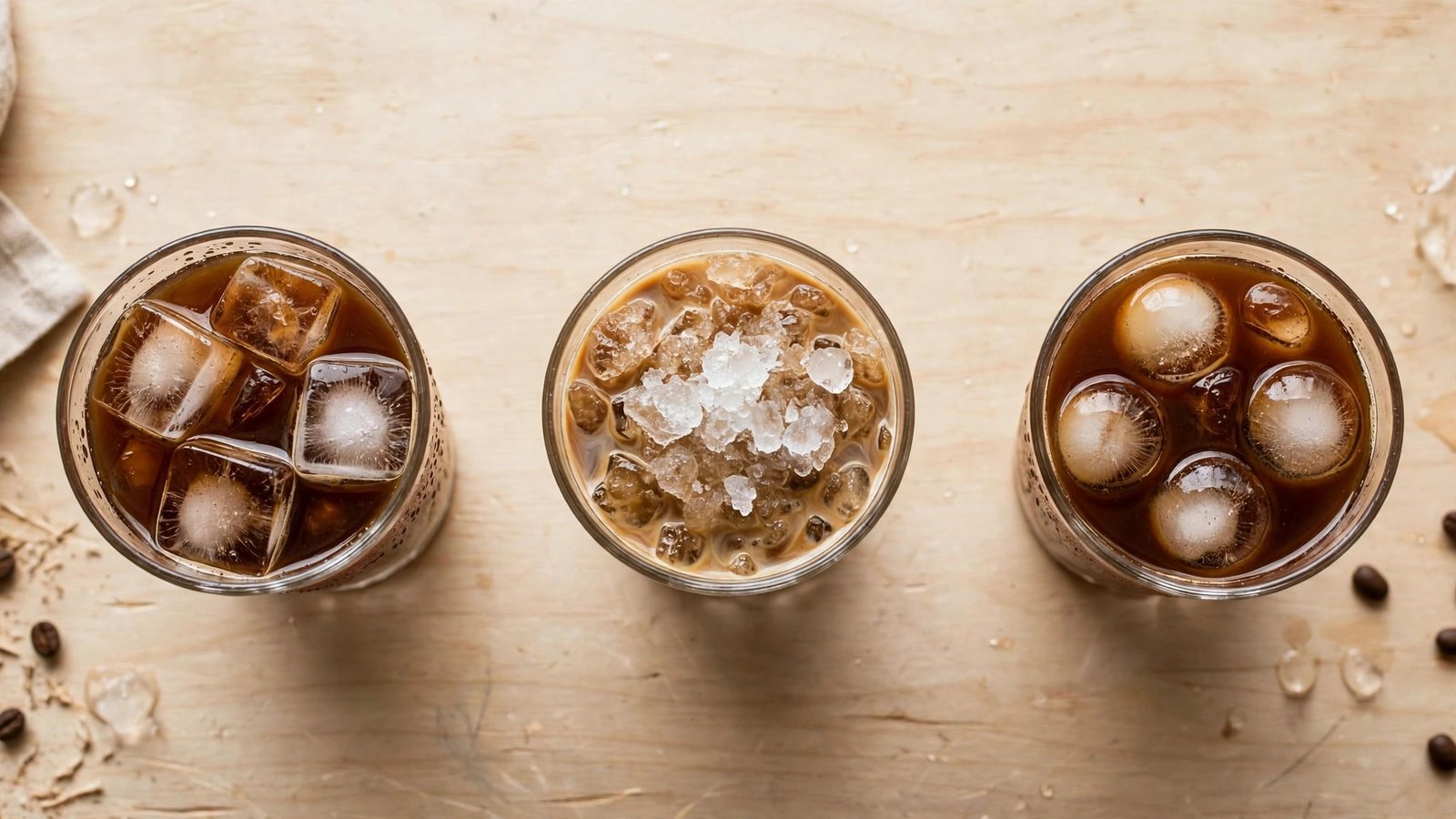 Three glasses of iced coffee with different ice styles on a light wood table.