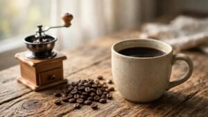 Why does my coffee taste bitter: black coffee in a mug with coffee beans and a hand grinder
