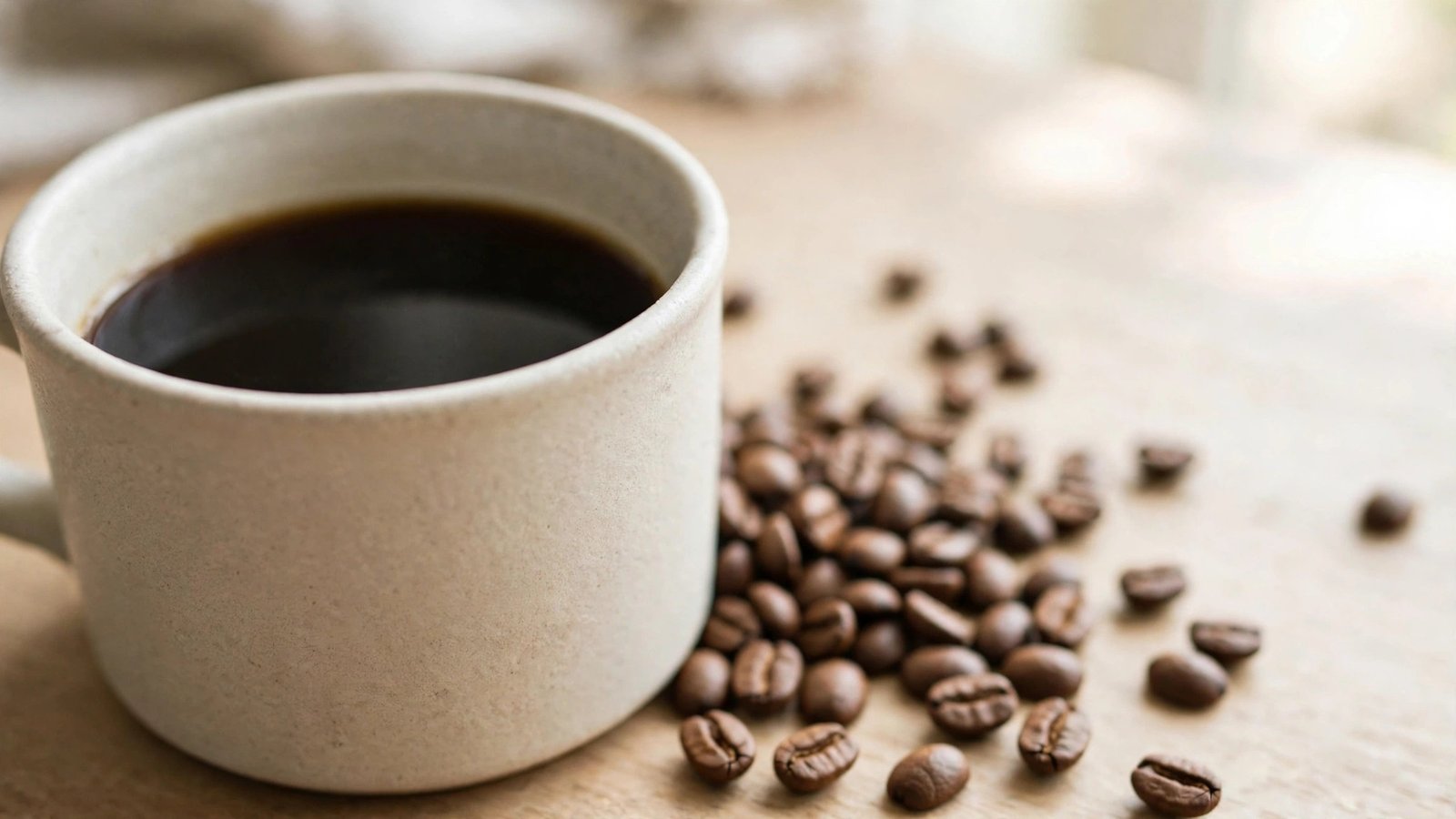 Why does my coffee taste sour: black coffee in a mug with coffee beans on a wooden table